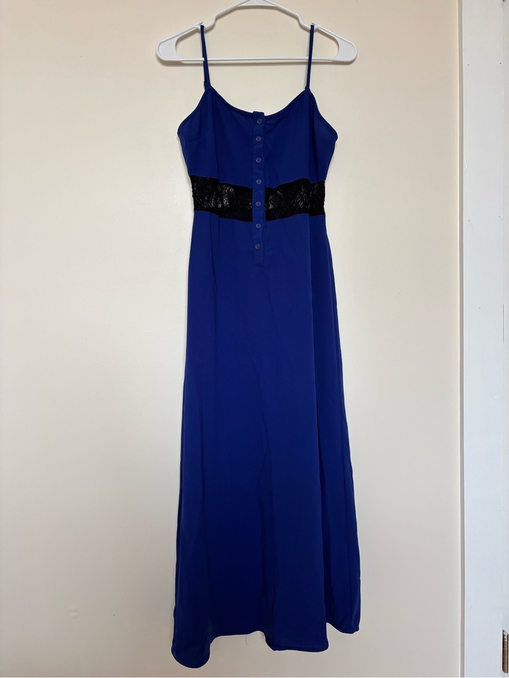 Forever 21 Cobalt Blue Spaghetti Strap Maxi Dress with Black Waist Panel